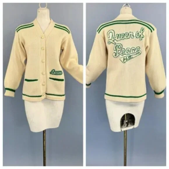 Vintage 50’s Queen of Peace Wool Cardigan Varisty Ivory/Cream Green - Picture 3 of 8